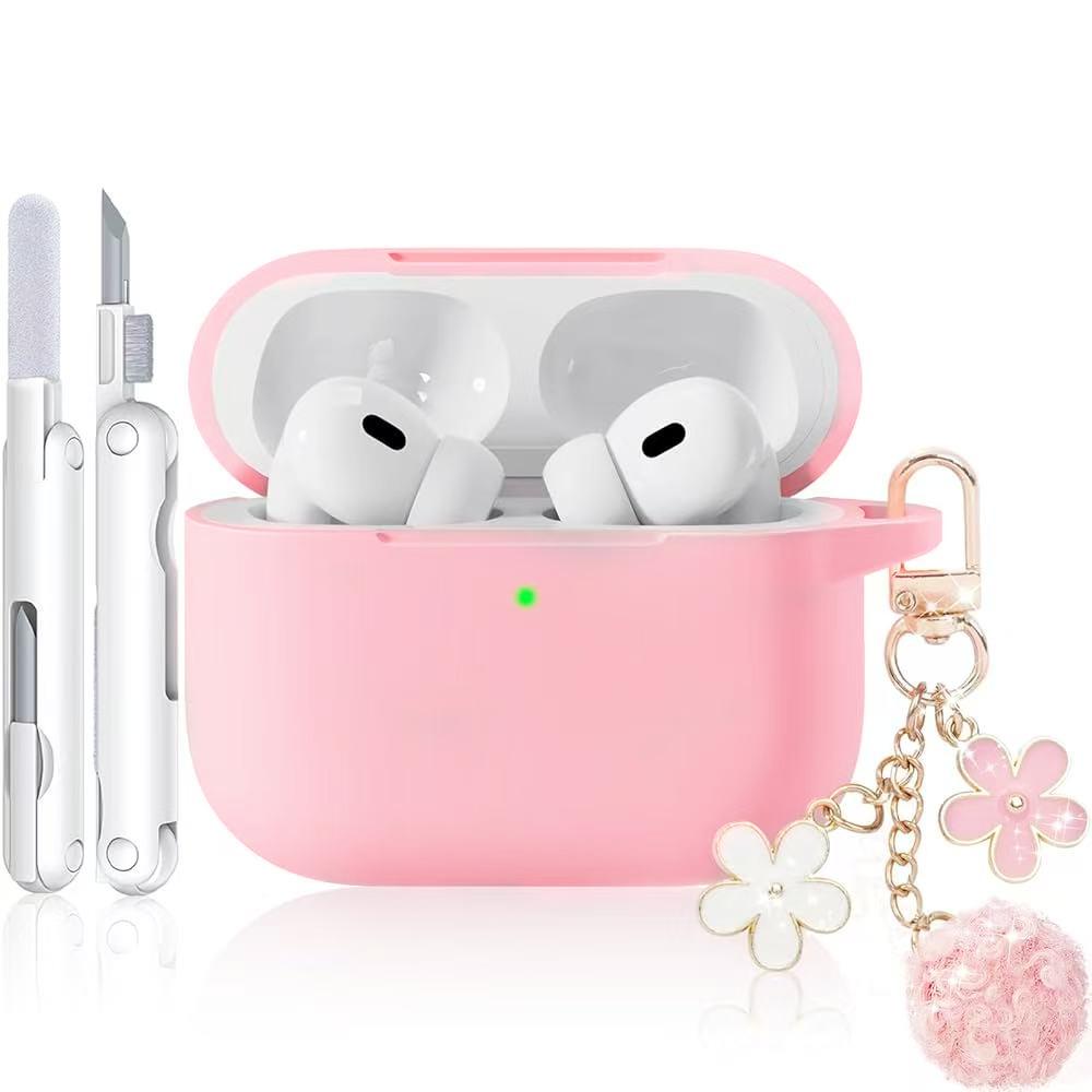 Silicone case for AirPodspro 3, comes with a shiny keychain and cleaning kit розовый