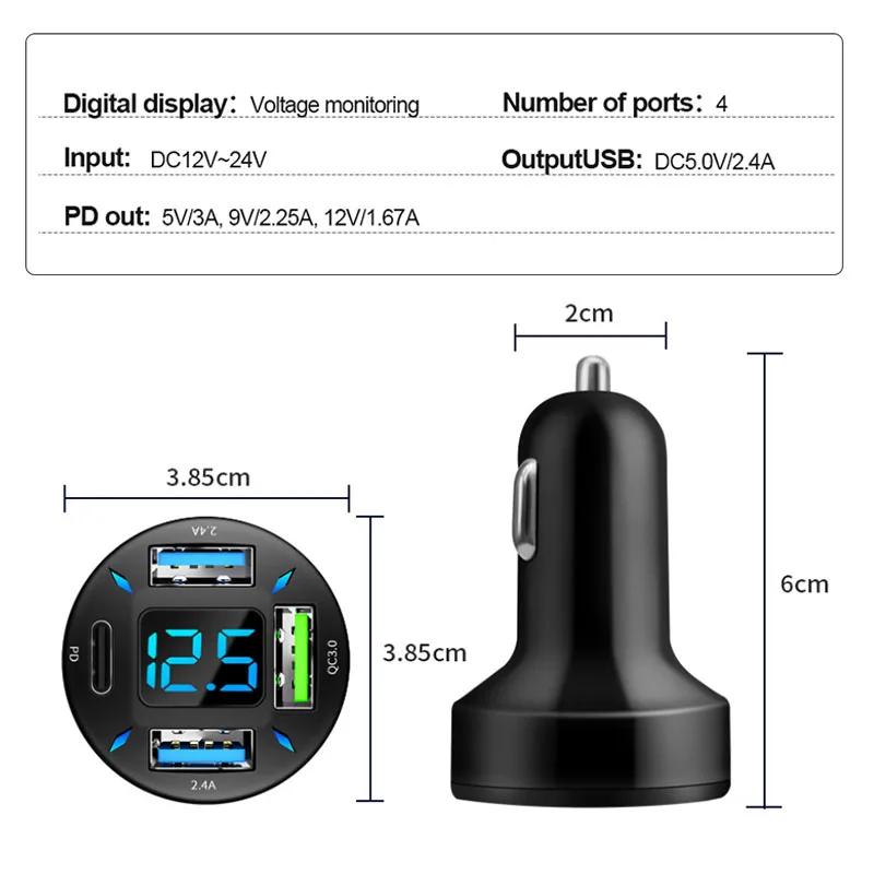 4-Port 66W Autoladegerät Schnellladeadapter für Zigarettenanzünder PD + QC + USB Schnellladetelefonladegerät für iPhone Xiaomi Samsung