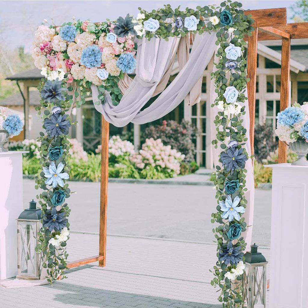 2m Künstliche Blumen Girlande, Blaue Dahlie Fake Ranken Eukalyptus Girlande mit Rose Pfingstrose Blumengirlanden für Hochzeit Tischmittelstücke Dekoration