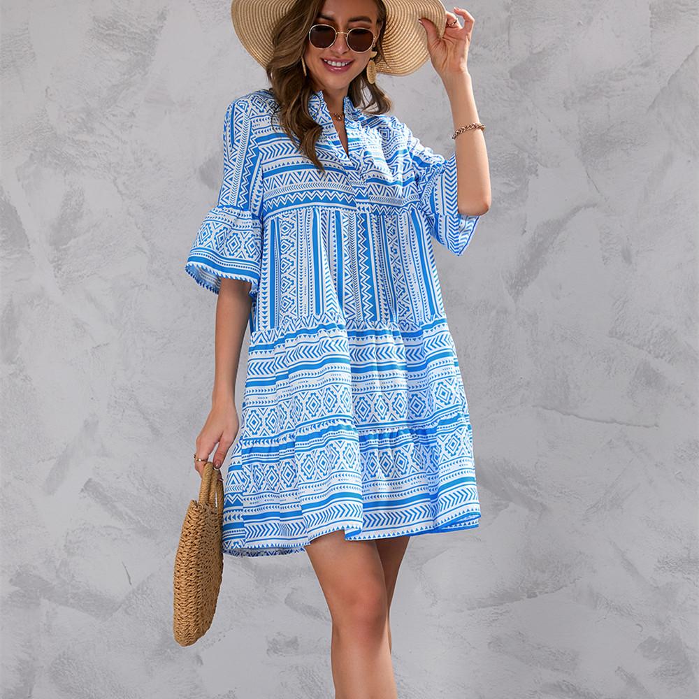 QICED Damenmode Sommer Frühling Rautendruck Kurzarm V-Ausschnitt Hohe Taille Freizeitkleider