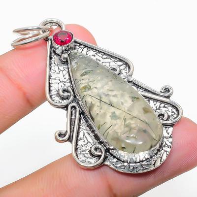 Natural Prehnite, Rubillite Gemstone 925 Sterling Silver Pendant 2.44" J3z41