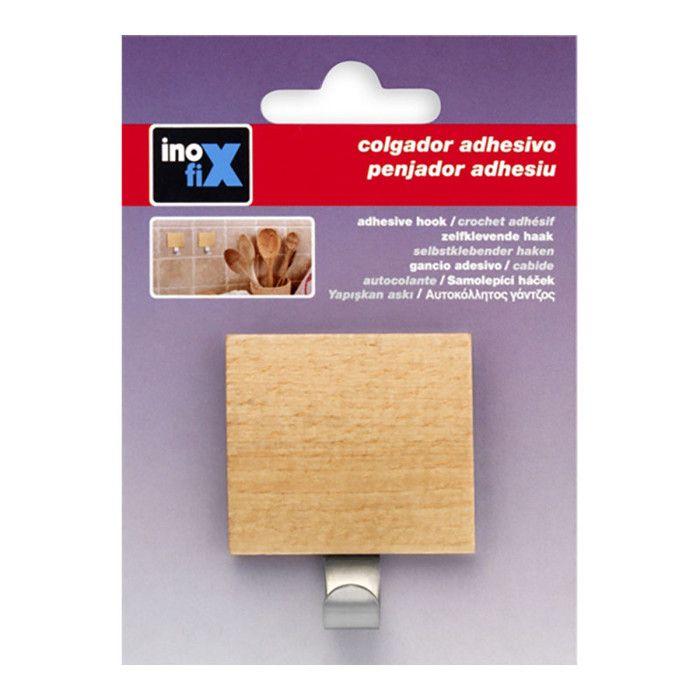Crochet Adhésif - Inox - Bois Hêtre - 51x45x24mm - Beige - Vendu à l'unité