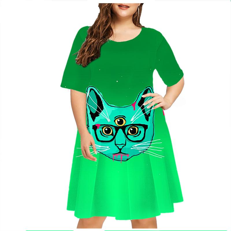 Starry Sky Cat Graphic Dress For Women Tie Dye 3D Printed Casual Loose Plus Size Dress Short Sleeve Fashion Hip Hop Kawaii Dress