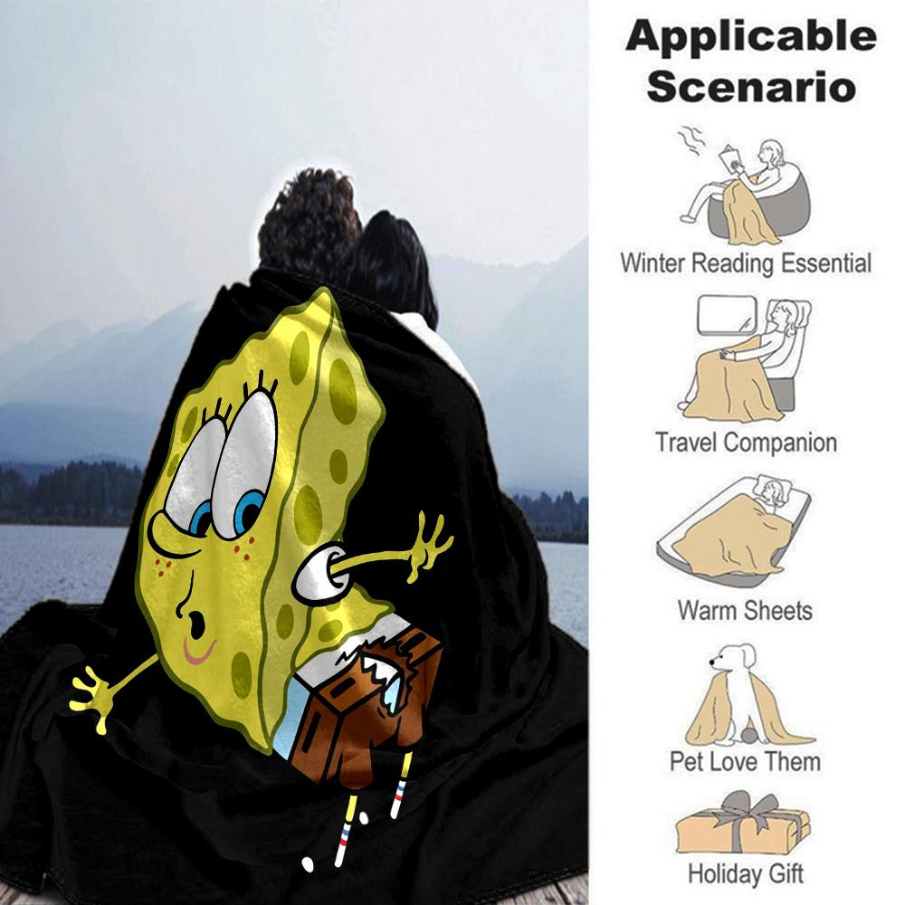 Spongebob Action Flannel Blanket Super Soft Warm Cozy Blanket For Sofa Bed Office Travel Allseason Home Decor Gift
