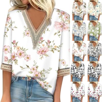 Women's Fashion Floral Print V-Neck Three Quarter Sleeve T-Shirt Casual Top