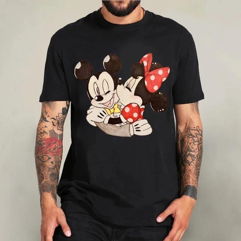 Cotton Black T-shirt for Men Disney Mickey Mouse Pattern Women's T-shirt Anime Tops Summer Fashion Couples Section Short-Sleeved