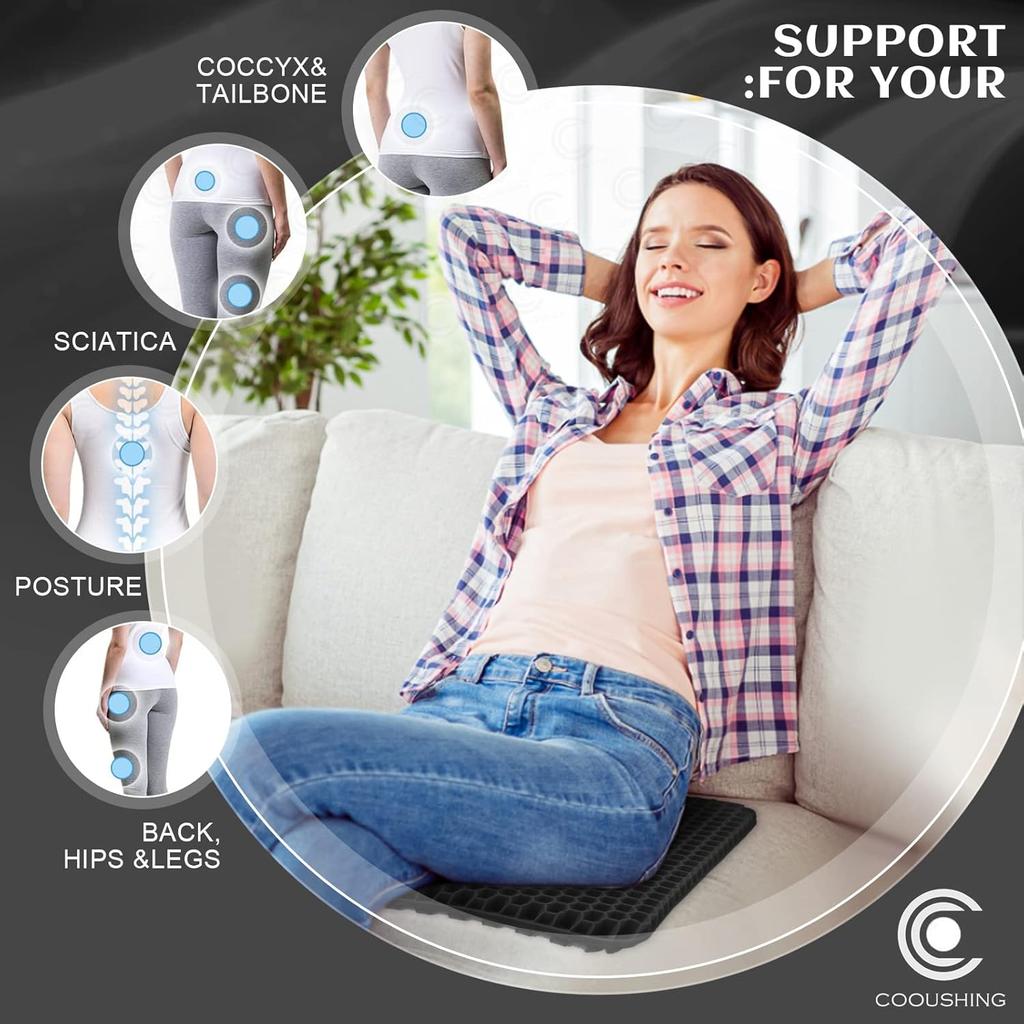 Gel Seat Cushion, for Long Sitting -Double Thick Gel Seat Cushion Breathable Honeycomb Chair Cushion with Non-Slip Cover for Office Chair Car,