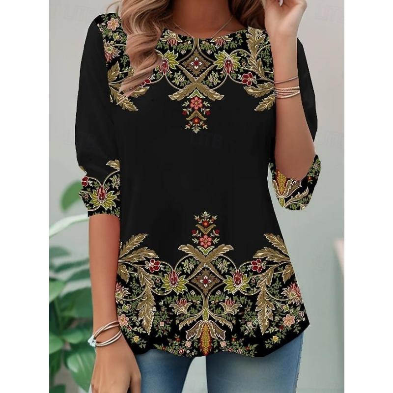 Women's Casual T-shirt 3D Printed Ethnic style vintage prints Round Neck Retro Elegant Long Sleeves Women's Fashion Pullover Long Sleeve Tops