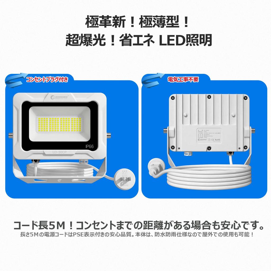 GOODGOODS 30W LED Floodlight, Daylight White, AC85V-265V, 4500Lm, IP66 Waterproof and Dustproof, Work Light, High Brightness, Energy Saving, 120°