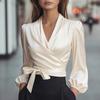 Damen Satin Wickelbluse Langarm V-Ausschnitt Bindegürtel Puffärmel Elegantes Büro Oberteil für die Arbeit oder Freizeit