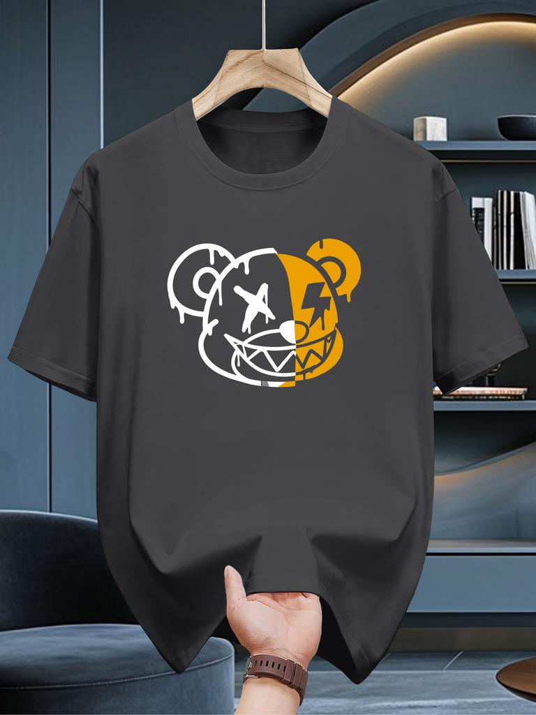 100% Cotton Men's Casual Loose T-shirt Trendy and Fashionable Bear Pattern Printed Breathable Round Neck Short Sleeved Top