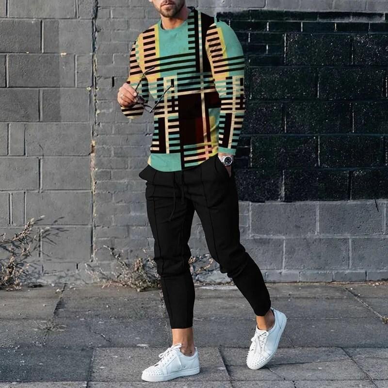 Men's casual sportswear men's sports two-piece fashionable 3D printed vintage clothing long sleeved shirt pants set pants suit