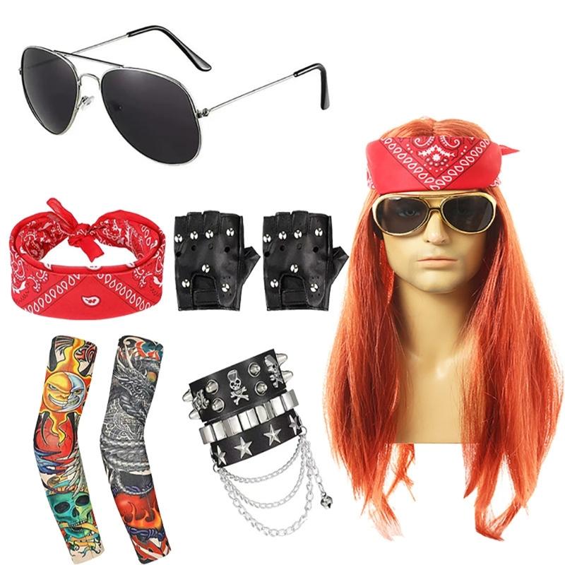 70s 80s Disco Wigs Costume Accessory Set Long Curlier Hat Sunglasses Rocker Costume Set Wigs Rocker Party Fancy Dress Up