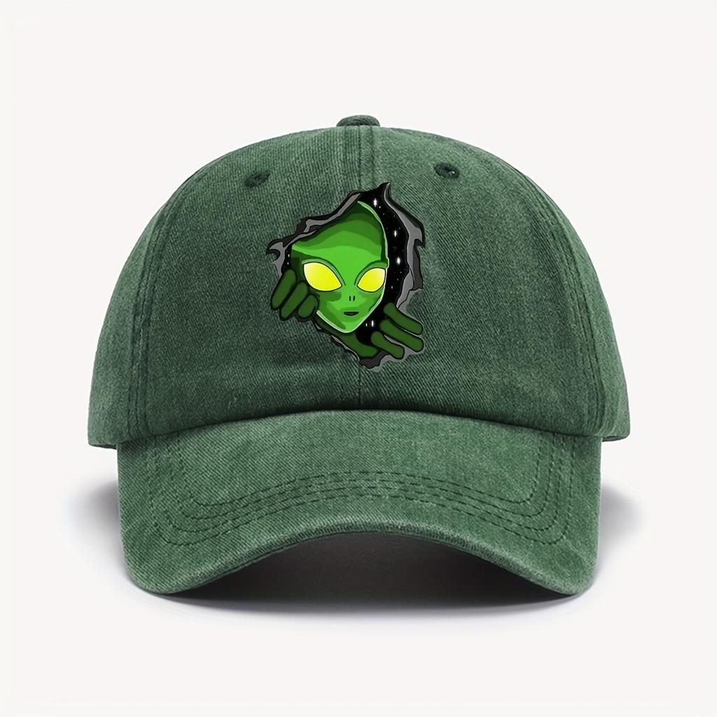 1 Piece Green Vintage Washed Baseball Cap Alien Print Sun Hat Adjustable For Halloween and Outdoor Fashion Headwear