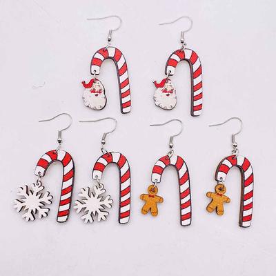 Santa Claus & Snowflake Candy Cane Wood Earrings - Festive Spliced Jewelry for Christmas Eve Parties