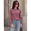 Women Loose Round Neck Pleated Puff Long Sleeve Solid Color T Shirt Top
