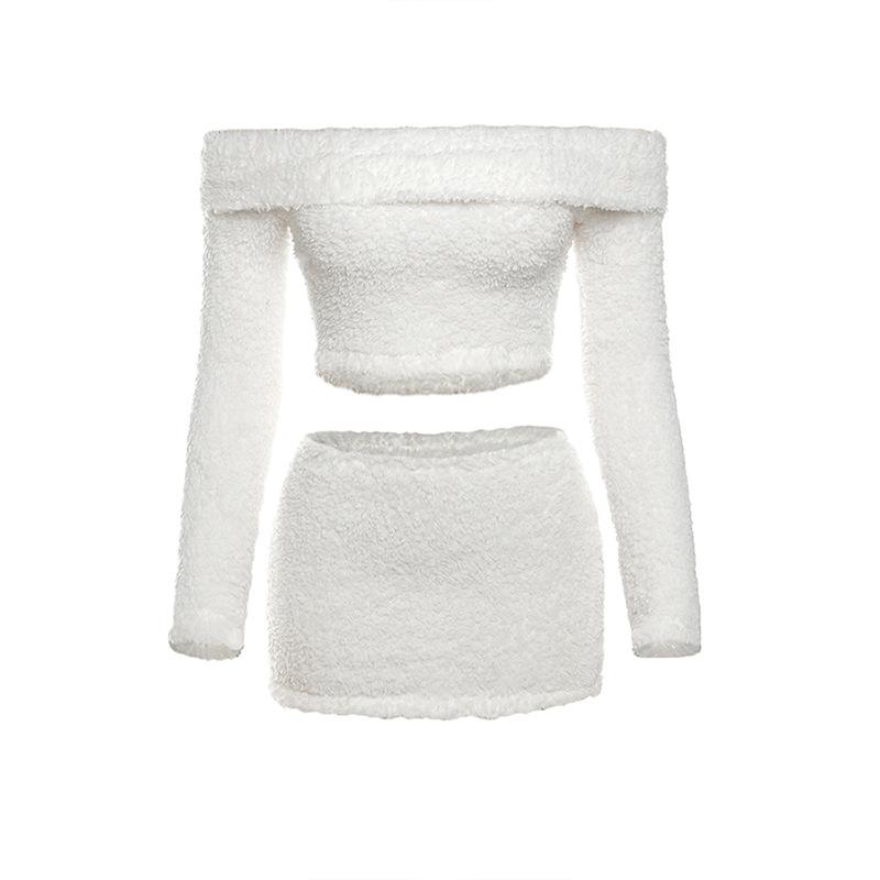 New Autumn and Winter Women's Clothing One-shoulder Short Fur T-shirt Women's Hip Skirt Casual Suit