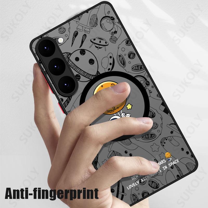 Cartoon Astronaut For Magsafe Phone Case For Samsung Galaxy S26 S25 S23 S22 S24 Ultra S24 S23 FE Matte Acrylic Iron Ring Cover
