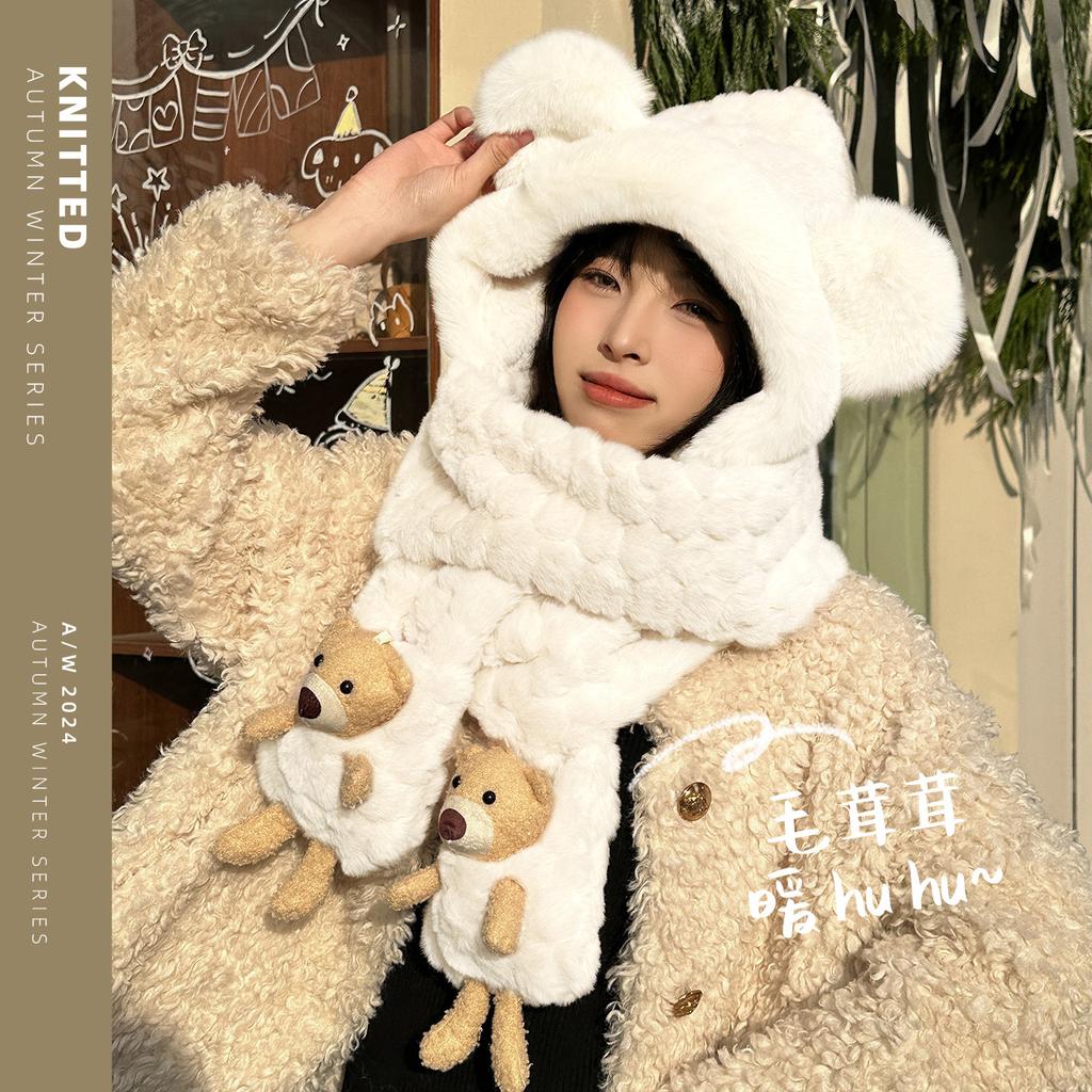 Plush hat autumn and winter women's double-layer thickened windproof and warm cute bear scarf and gloves integrated WJ