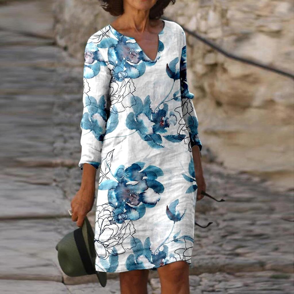 Women's Spring and Summer Fashion Painting Printed Nine Sleeve Multi Color Medium Length Dress