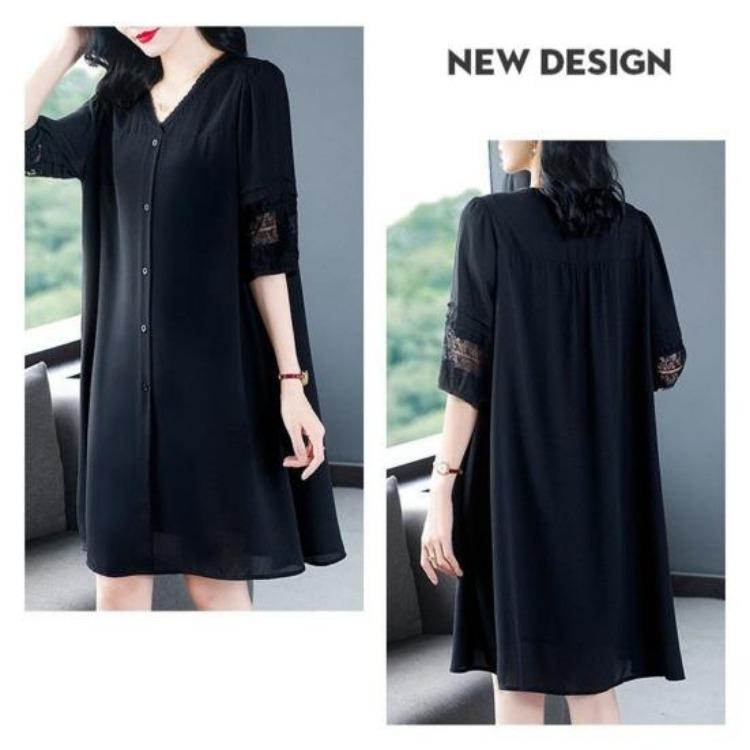 Plus Size Summer Dress V Neck Lace Hollow Out A Line Midi Knee Length Loose Half Sleeves Solid Color Single Breasted Womens Dress