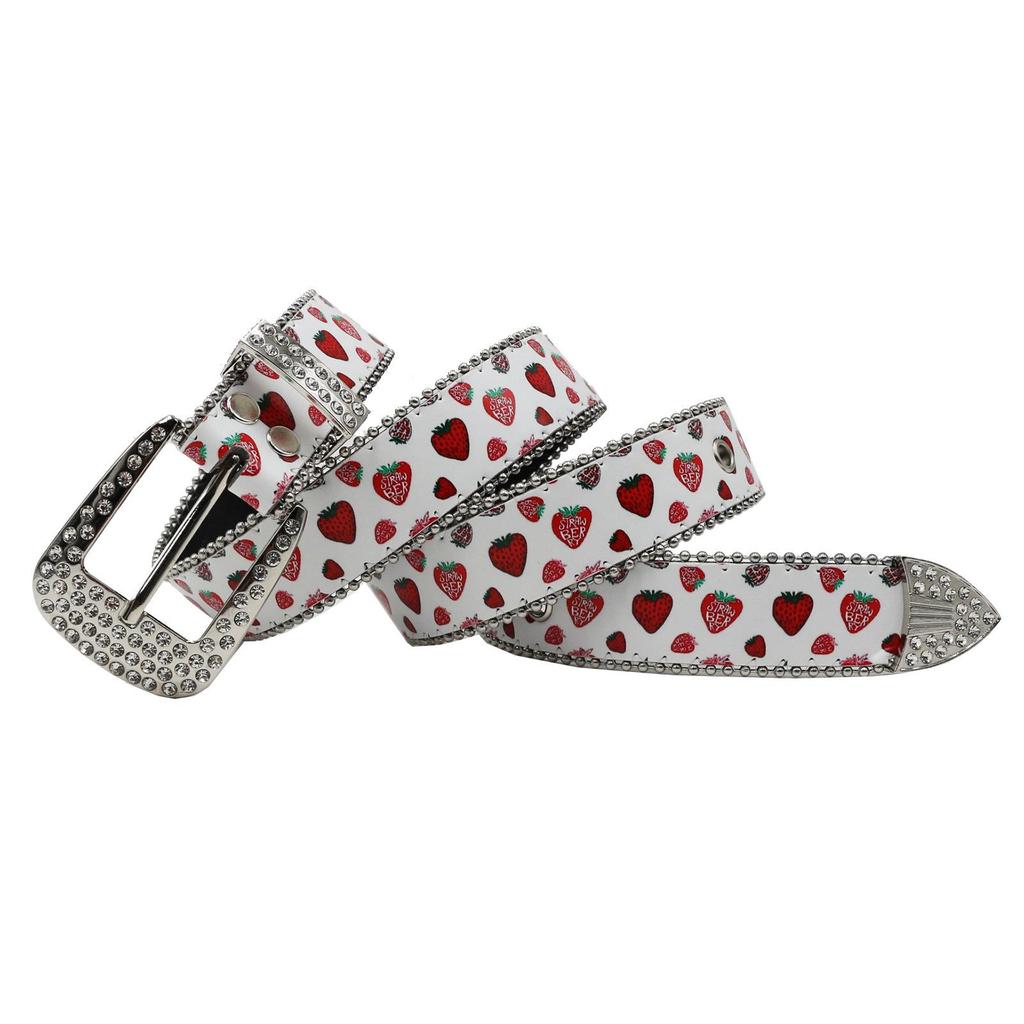 Leren Riem met Aardbeienprint en Strass - Y2K Punk Koppel Modetrend