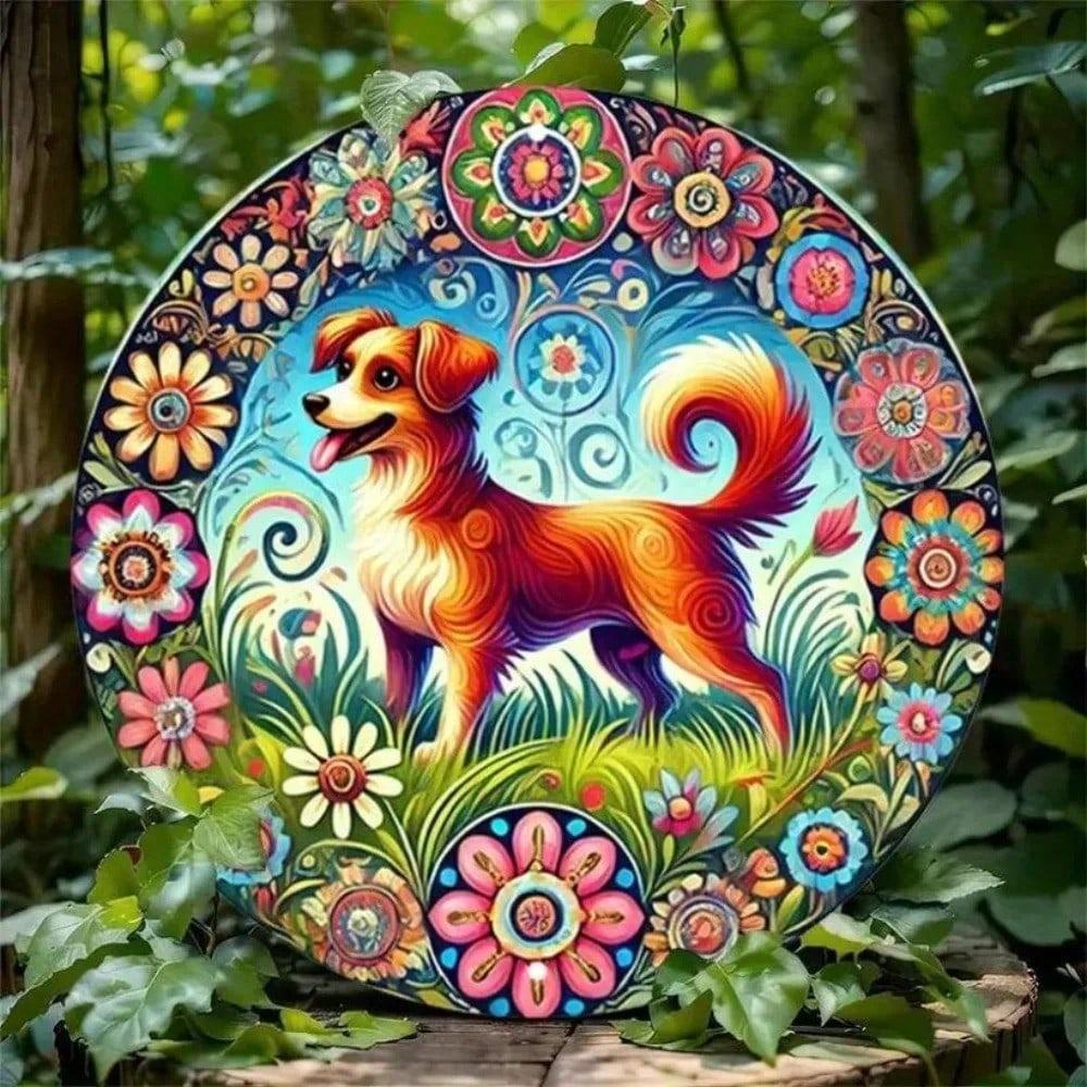 Vibrant Aluminum Round Wall Art, 2D Dog & Flower Decor for Home, Garage, Cafe - 1 Piece