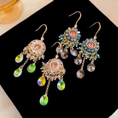 Exaggerated Crystal Stud Earrings Flower Vintage Long Earrings Rhinestone Drop Earrings  Party