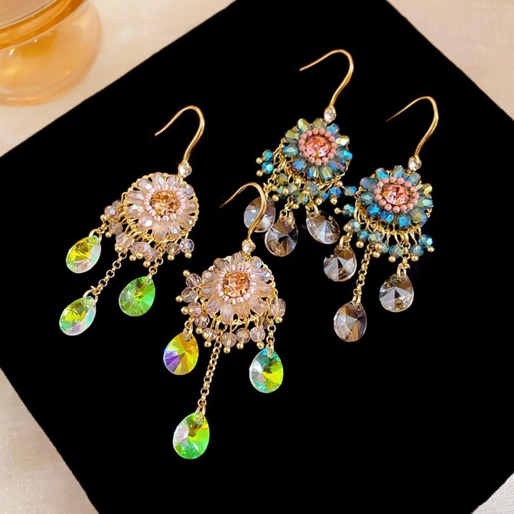 Flower Rhinestone Drop Earrings Pendant Vintage Long Earrings Trendy Crystal Stud Earrings  Party
