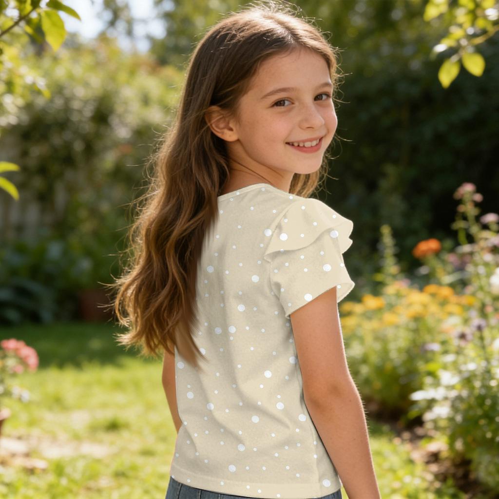 Girls V Neck Ruffle Sleeve Polka Dot Print Short Sleeve T Shirt Casual Blouse Lightweight Summer Top for Kids