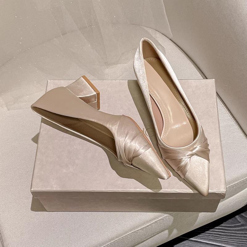 Block Heel Not Tired Feet Gentle Fairy Style High Heels Women's Satin Comfortable Soft Sole French Pointed Toe Single Shoes