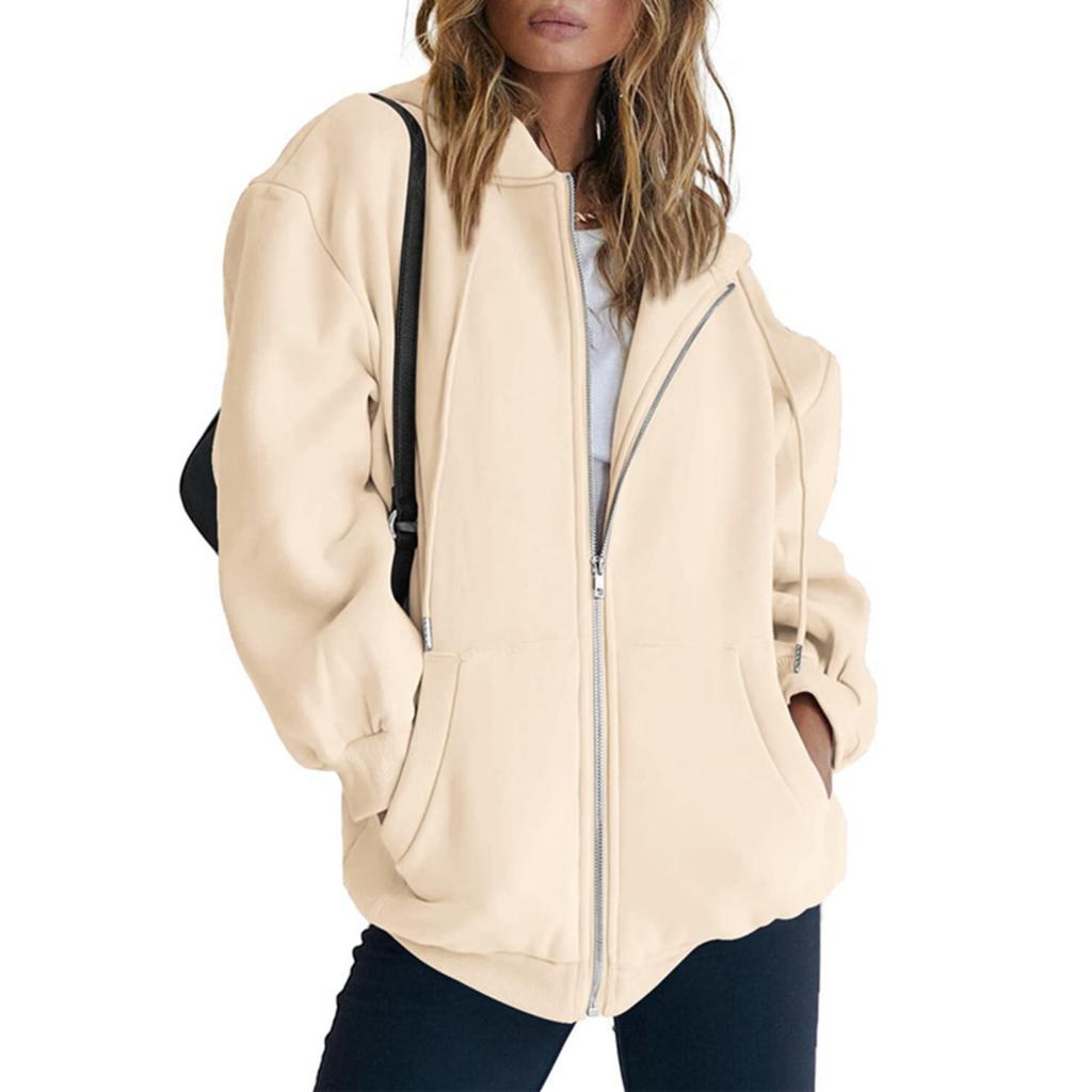 Women's Zip Up Hooded Sweatshirt Jacket Loose Fit Casual Solid Color Long Sleeve Outerwear