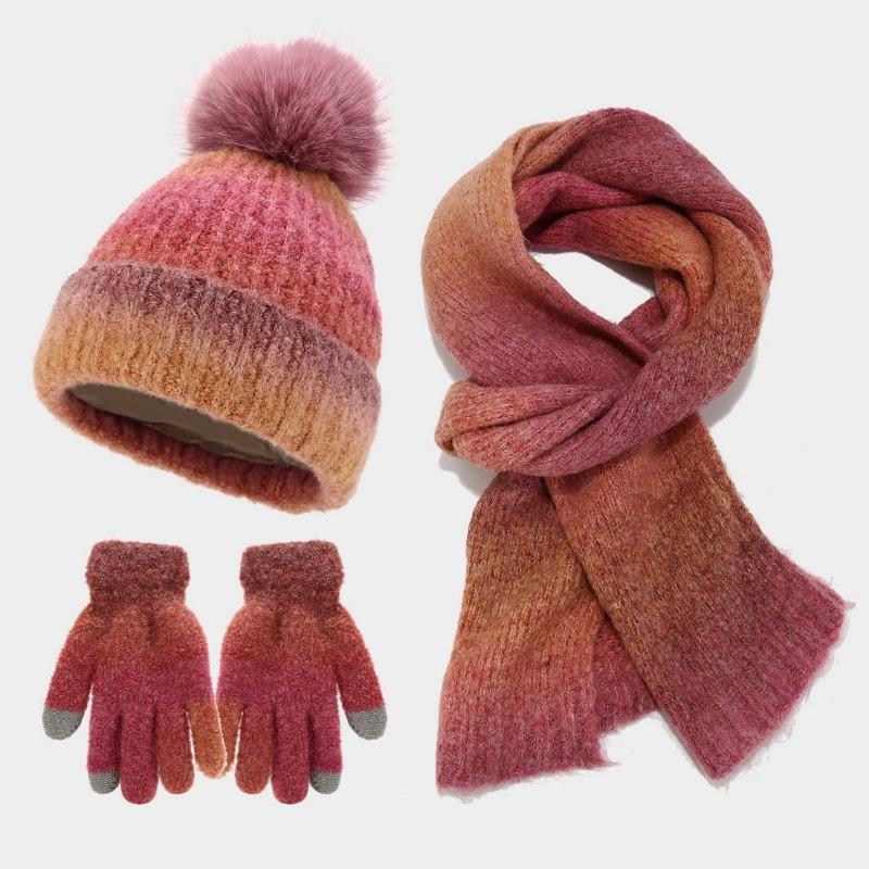 

New tie-dye wool hat, scarf and gloves three-piece fashion hairball knitted hat set
