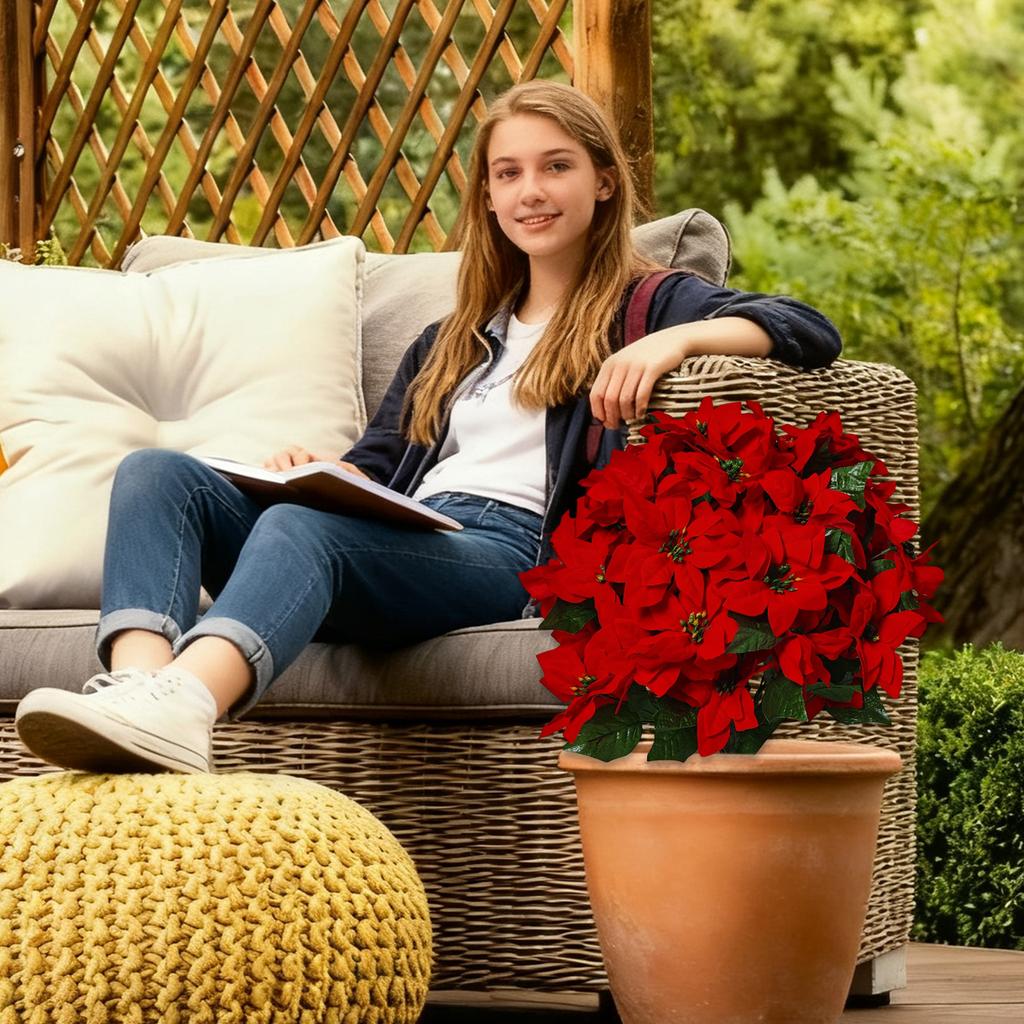 15in Artificial Poinsettia Bouquet, Red Poinsettia Shrub, Silk Poinsettia Bouquet, Suitable For Indoor And Outdoor Home Porch Garden Decoration.