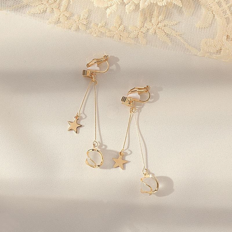 Neue Perlenblumen-Clip-On-Ohrringe mit langem Temperament, Perlenkette, Quaste, nicht durchdringende Ohrringe für Damen