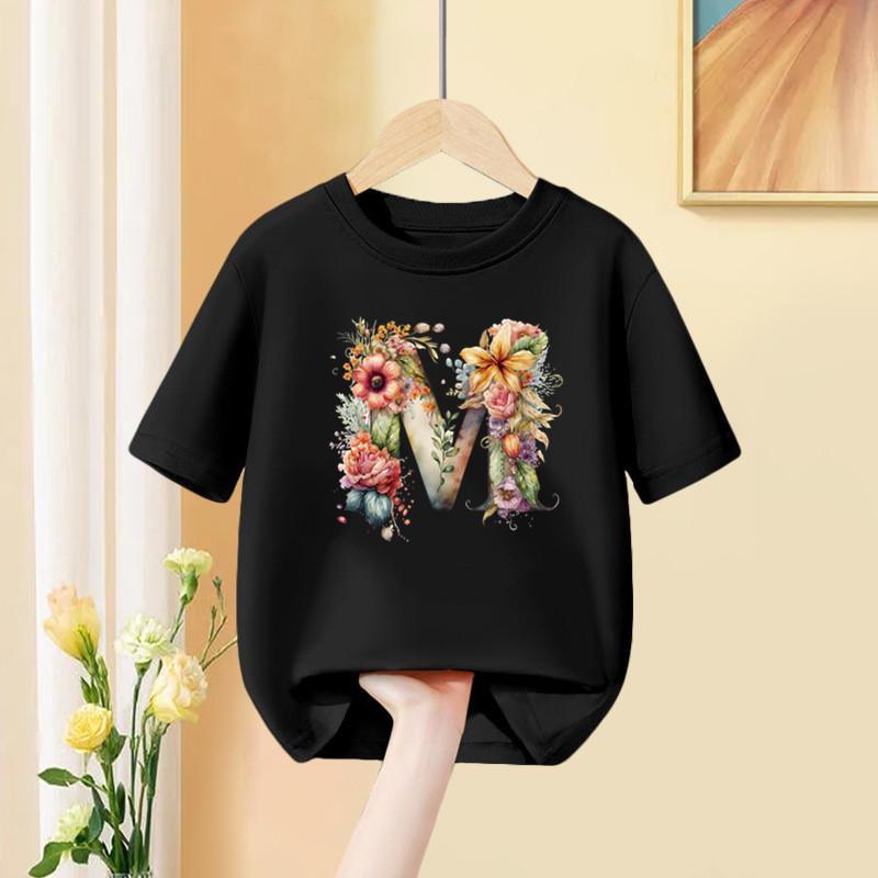 A B C D Kombinationsschrift Mädchen T-Shirt Blumendruck Lässige Oberteile Benutzerdefinierter Name Buchstabe Kinder Schwarzes T-Shirt