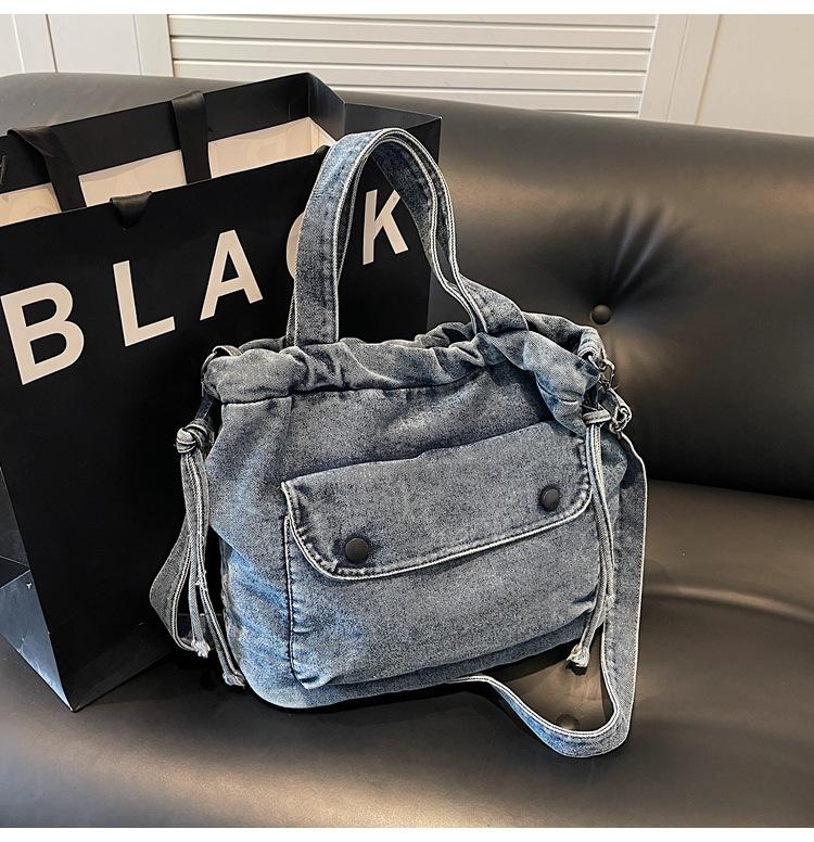Crossbody Bag Women's Pleated Drawstring Denim Series Simple Fashion Mobile Phone Bag Retro Shoulder Bag