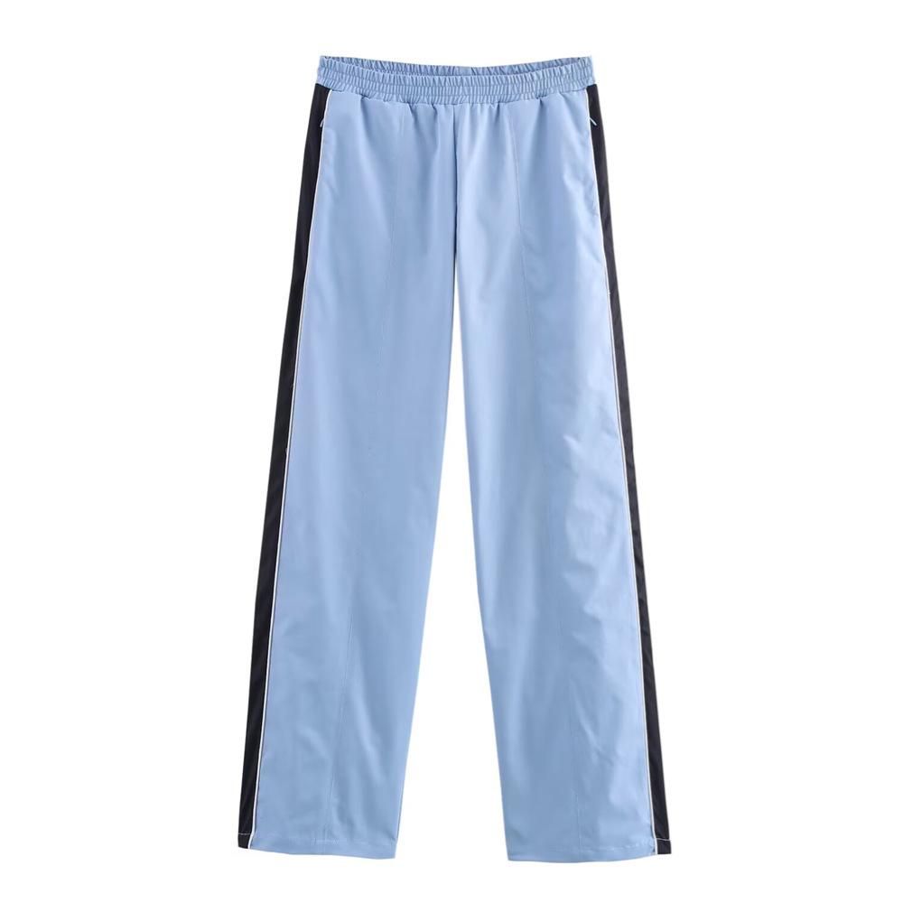 

Весна 2025 Женский комплект куртка и брюки в полоску с лентами и воротником-стойкой Medium светло-синий