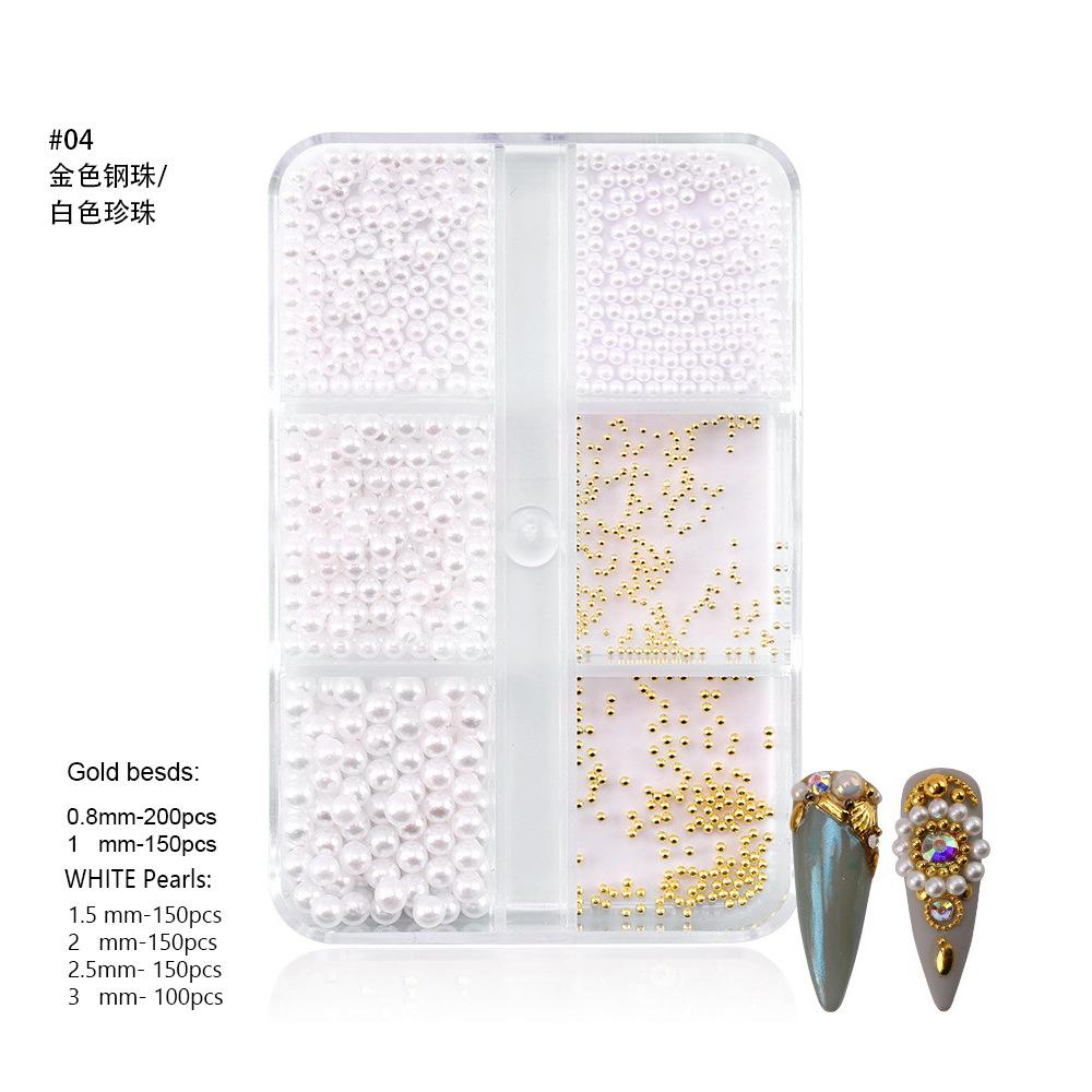 6-Grid Nail Art Pearl Ab Symphony Semicircle Abs Pearl Small Steel Ball Mixed Nail Jewelry