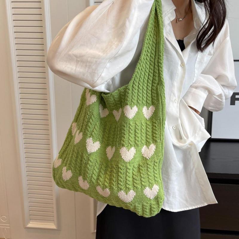 Women Shoulder Bag Knitted Large Capacity Wide Shoulder Straps Heat Pattern Contrast Color Large Opening Lightweight Lady Handbag Tote Bag