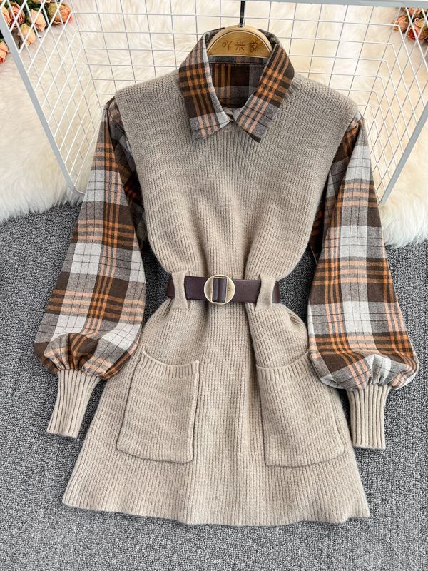 2025 Autumn and Winter New Two-piece Set Waist Plaid Shirt Vest Fashion Suit Knitted Sweater Women