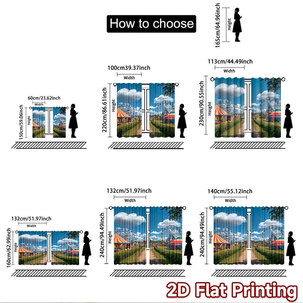 2D flat printing 2pcs Scene Curtain Carnival Ferris Wheel Fun Sky Digital Printed Polyester Drapes Birthday Party Perfect for