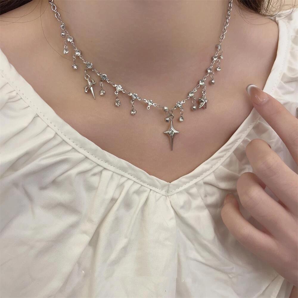 Fashion Chic Cross Crystal Zircon Pendant Tassel Necklace for Women Girls Clavicle Chain Accessories Aesthetic Y2k Jewelry