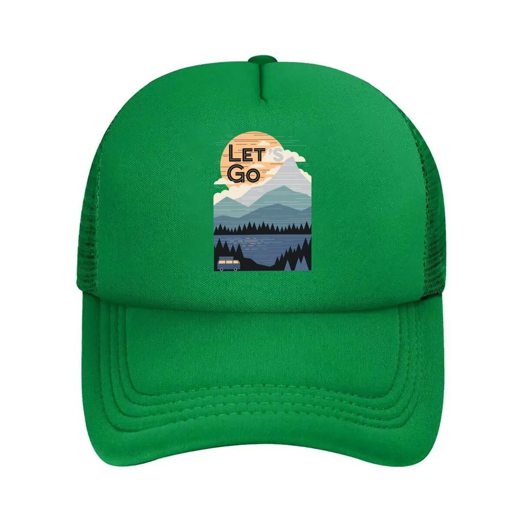 Lets Go Mountain Lake Camping Van Sunset Graphic Mesh Baseball Cap For Womens Unisex FeUnisex Beach Dad Hat Hip Hop