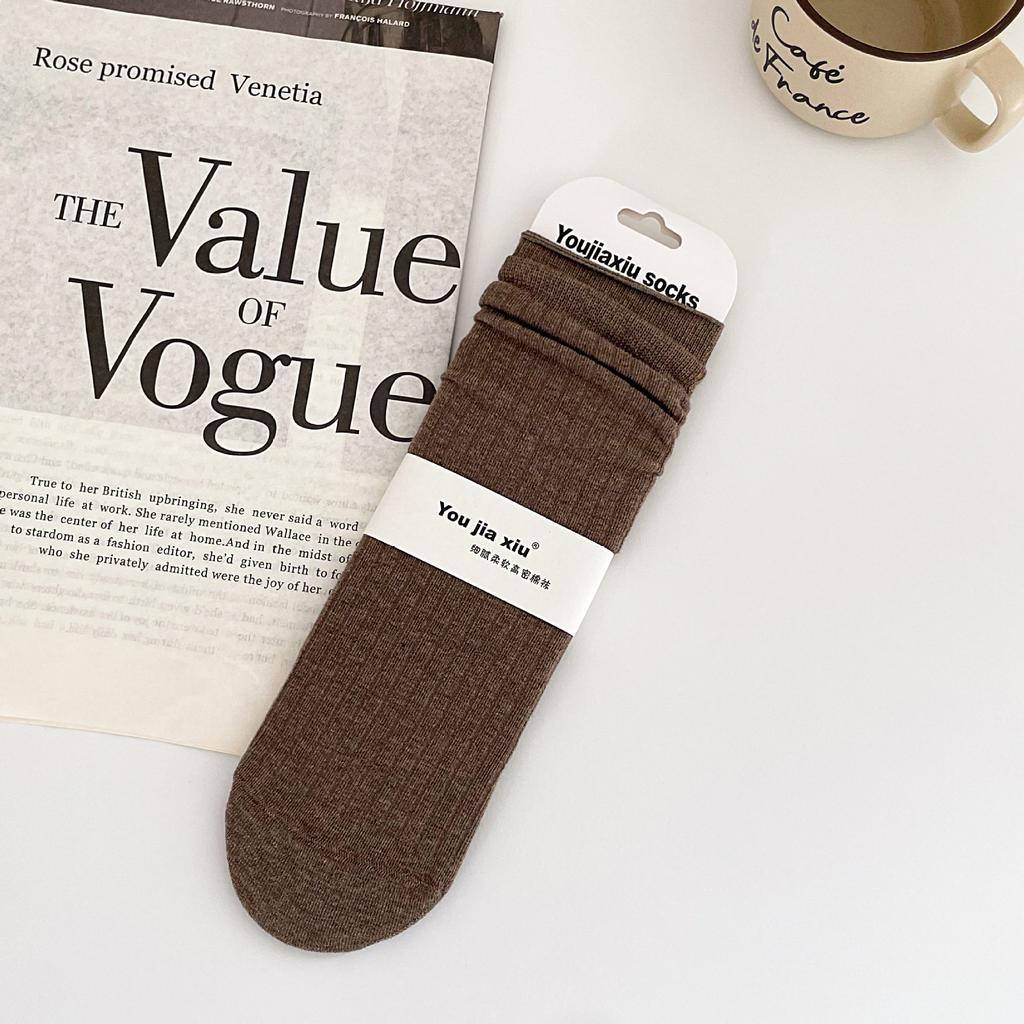 Boneless Solid Color Straight Socks Women'S Loose Cotton Stacked Socks Simple And Versatile Mid-Leg Socks