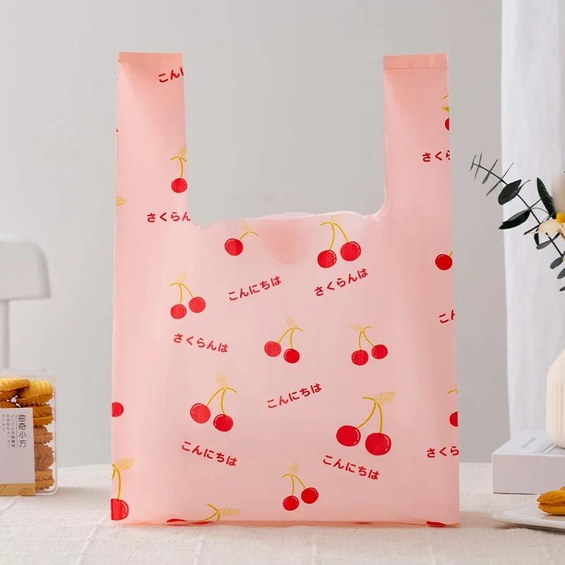 50pcs Disposable Peach Fruit Pattern Hand Bag Packaged Flower Takeaway Bags Snack Double Ear Plastic Vest Handle Shopping Pouch
