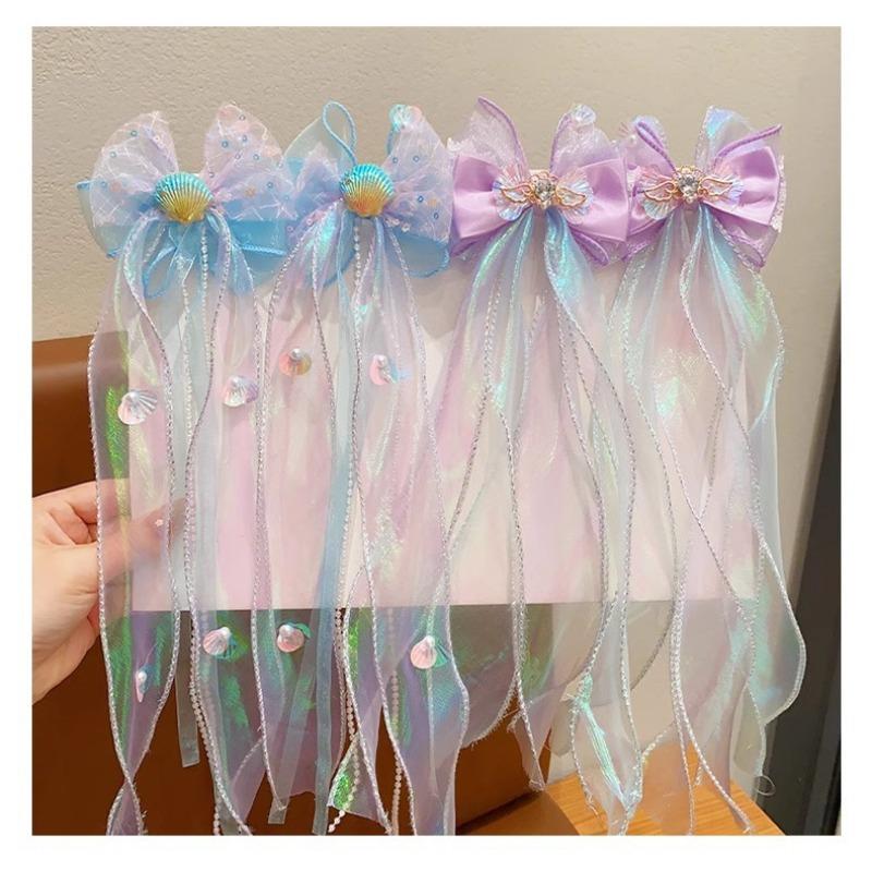 Mermaid Princess Children's Bow Hairpin Super Fairy Floating Yarn Clip Little Girl Birthday Performance Hair Accessories Girl Veil