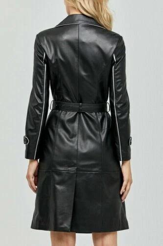Trench Coat Lambskin Handmade Original Leather Formal Style Casual Stylish Black Women
