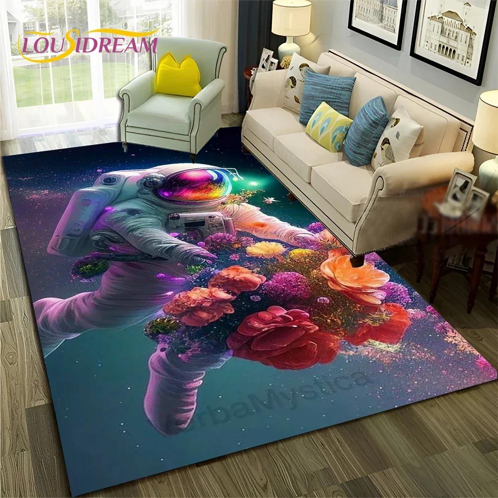 Outer Space Astronaut Planet Cartoon Carpet Rug for Home Living Room Bedroom Sofa Doormat Decor,Kid Area Rug Non-slip Floor Mat
