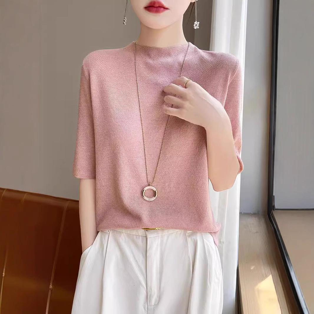 

25th Anniversary Superfine 16-Needle Short-Sleeve Knitted T-Shirt with Half-High Neck – Women s Lightweight Base Layer Medium бежевий